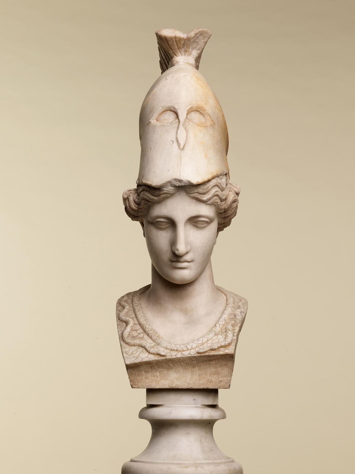 “Helmeted Athena,” A.D. 1st to 2nd century, Rome. Marble; 30 5/16 inches by 8 ½ inches by 11 1/2 inches. (Courtesy of Galerie Chenel)
