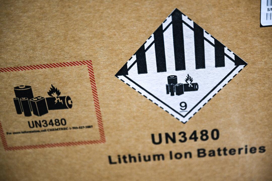 A UN3480 label is displayed on a box containing lithium-ion batteries for the AES Alamitos Battery Energy Storage System in Long Beach, Calif., on Sept. 16, 2022. The system stores renewable energy to supply electricity during peak demand periods. (Patrick T. Fallon/AFP via Getty Images)