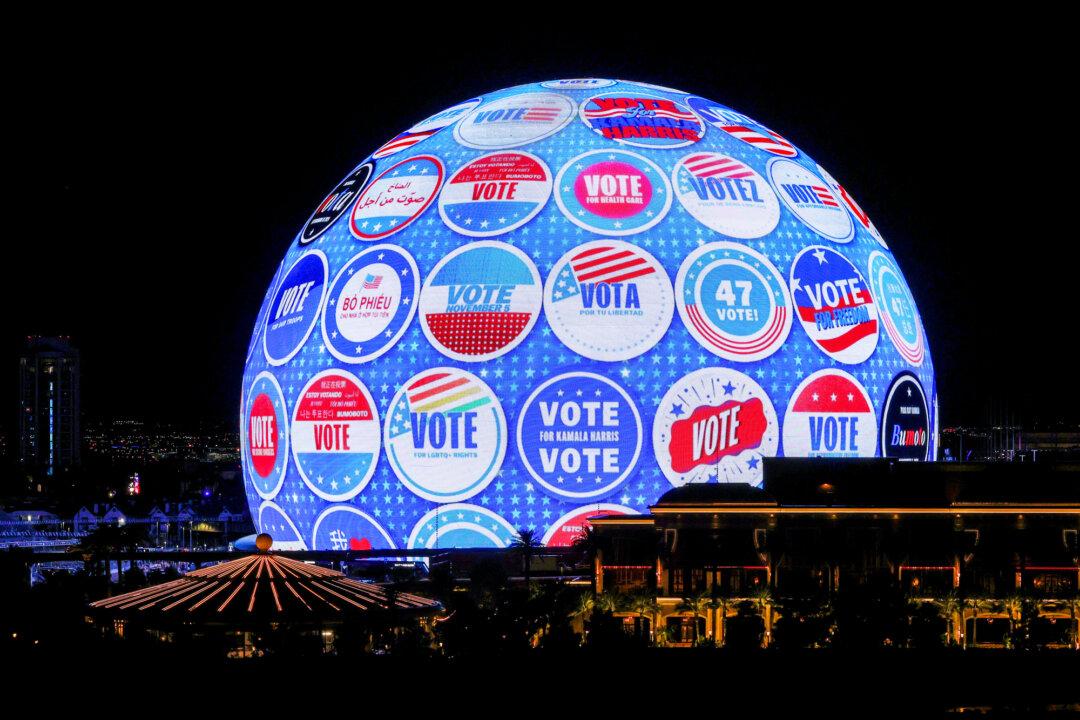 An advertisement for Democratic presidential nominee Kamala Harris and running mate Minnesota Gov. Tim Walz is displayed on the 580,000-square-foot Exosphere at Sphere in Las Vegas on Oct. 30, 2024. (Ethan Miller/Getty Images)