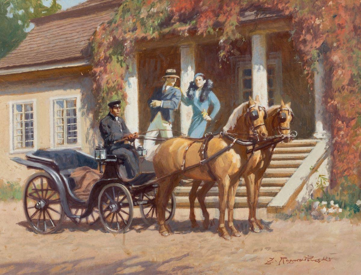 "A Horse-drawn Carriage in Front of a Manor House," by Zygmunt Rozwadowski. Dickinson's poem portrays death as a gentle suitor who comes to take a lady out for a ride. (Public Domain)