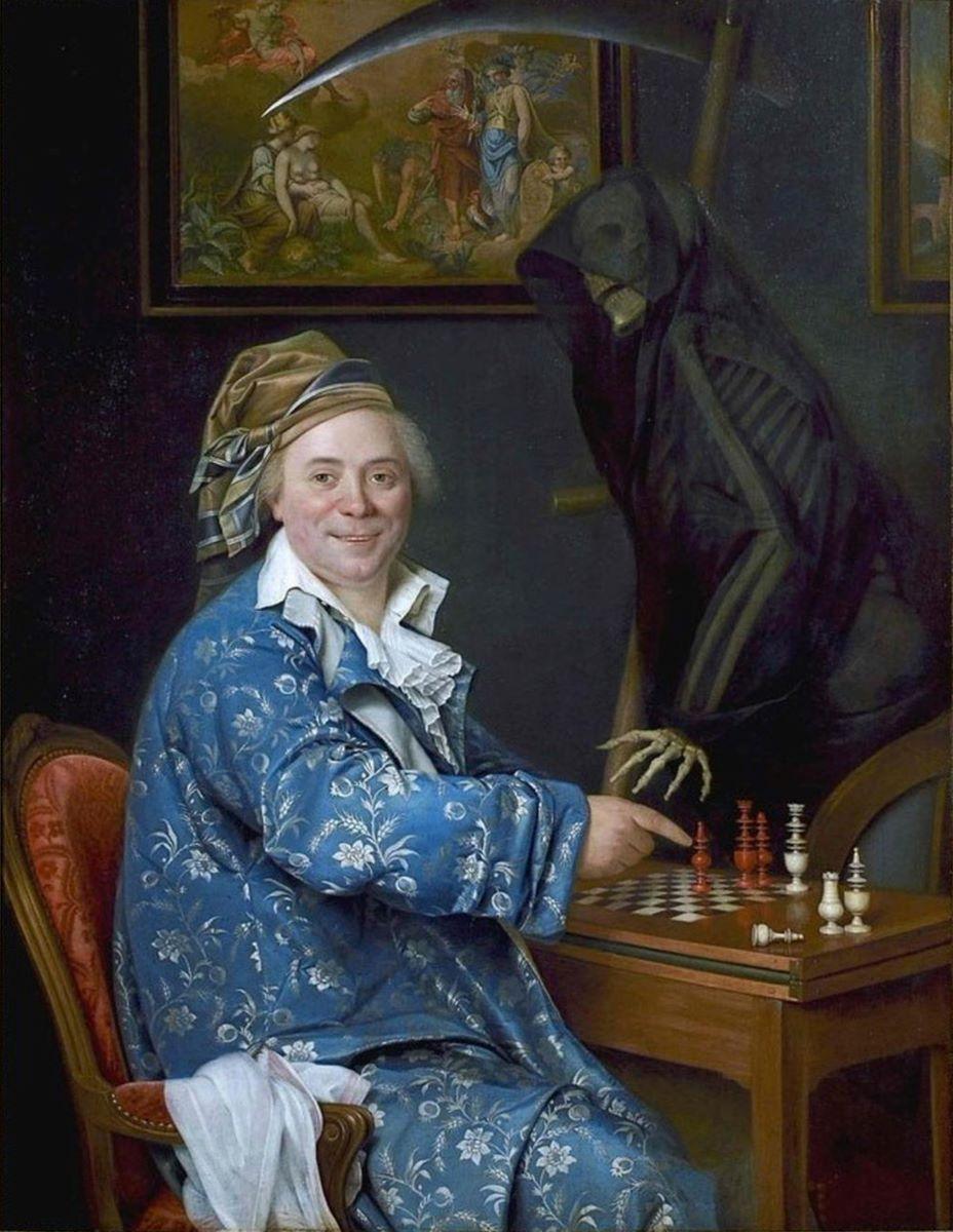 "Portrait of Dr. du C. playing Chess With Death," after saving a patient, while Death, surprised, admits defeat, by René-Rémy Fursy Descarsin. Museum of the French Revolution. (Public Domain)