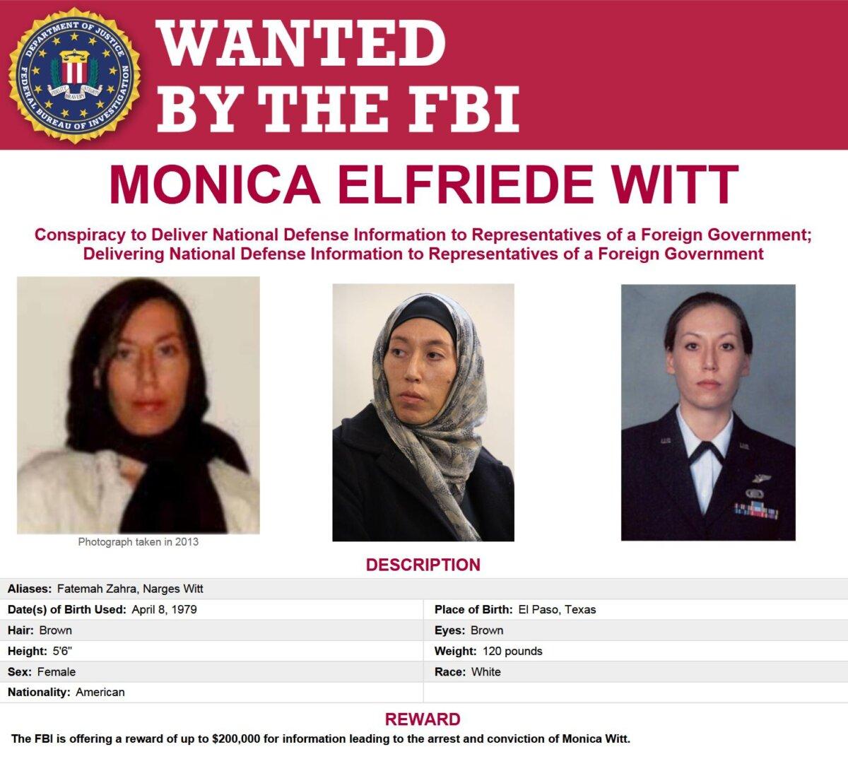 The FBI's wanted notice offering a reward of up to $200,000 for information leading to the arrest and conviction of Monica Witt. (Courtesy of the FBI)