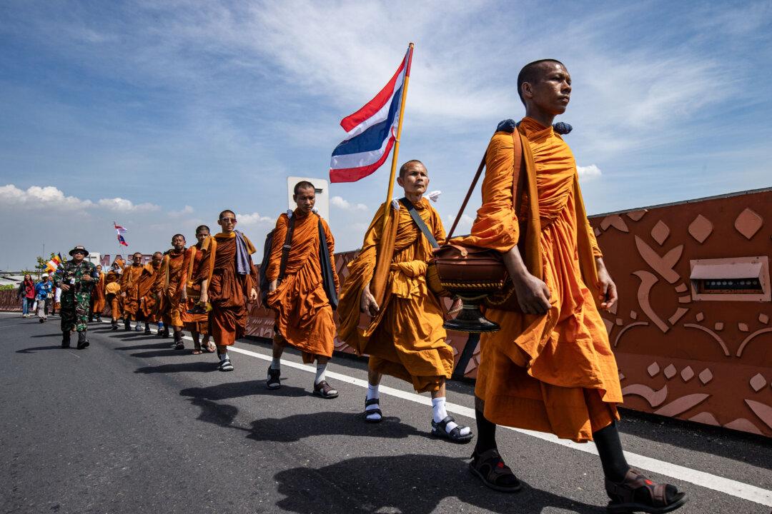 SURABAYA, INDONESIA - MAY 15: Buddhist Monks participate in The Indonesia Walk for Peace on May 15, 2026 in Surabaya, Indonesia. Buddhist monks from Indonesia, Thailand, Laos, Myanmar and Malaysia will walk from Bali to Borobudur Temple as part of the Indonesia Walk for Peace ahead of Vesak celebrations on May 31. (Photo by Robertus Pudyanto/Getty Images)