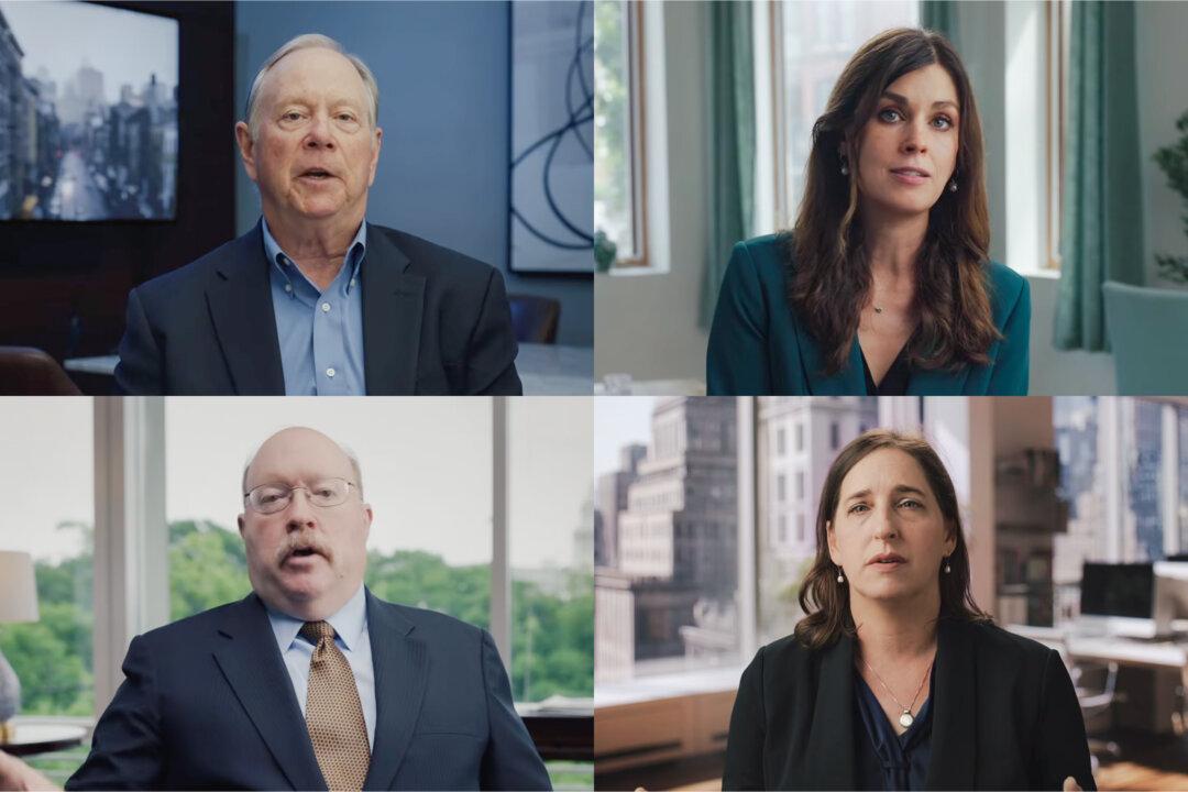 Stills from the documentary “China’s Stealth Invasion” show (Top Left) Bill Gertz, national security journalist and author. (Top Right) Anna Massoglia, investigative journalist and researcher on political spending and foreign influence operations. (Bottom Left) Rich Fisher, senior fellow at the International Assessment and Strategy Center. (Bottom Right) Sarah Cook, research analyst on media freedom, religion, and human rights in China. (Screenshots via The Epoch Times)