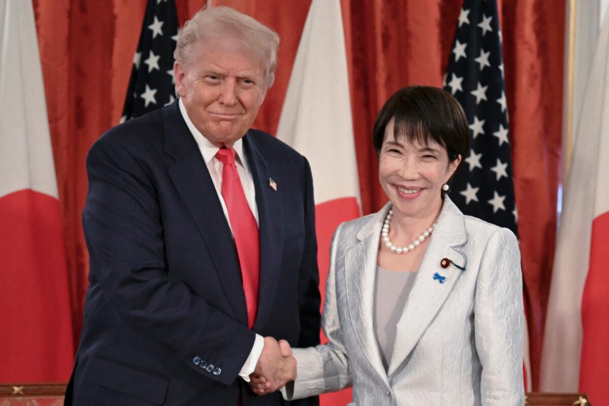 Japanese Prime Minister Sanae Takaichi (R) and U.S. President Donald Trump attend a signing ceremony after a Japan-U.S. Summit at the Akasaka State Guest House in Tokyo on Oct. 28, 2025. (Andrew Caballero-Reynolds/AFP)