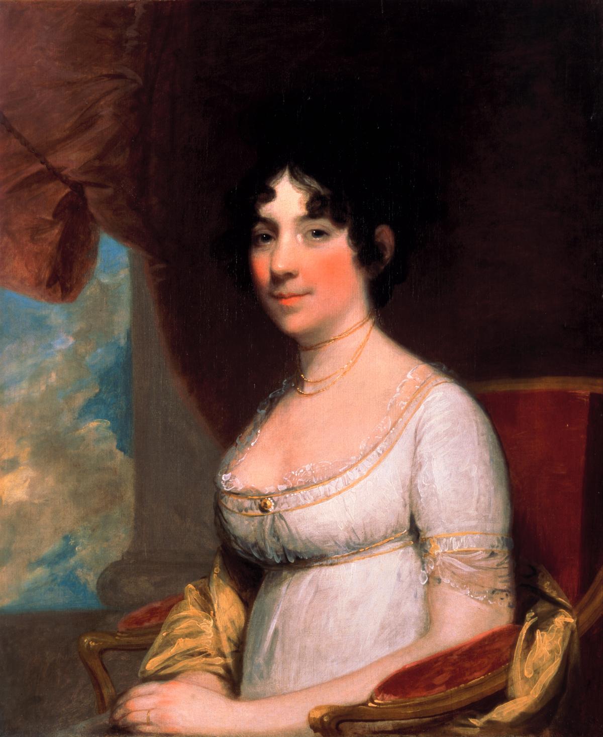Portrait of Dolley Madison, 1804, by Gilbert Stuart is the companion piece to James Madison’s portrait. Oil on canvas; 24 1/4 inches by 29 1/4 inches. White House, Washington. (Public Domain)