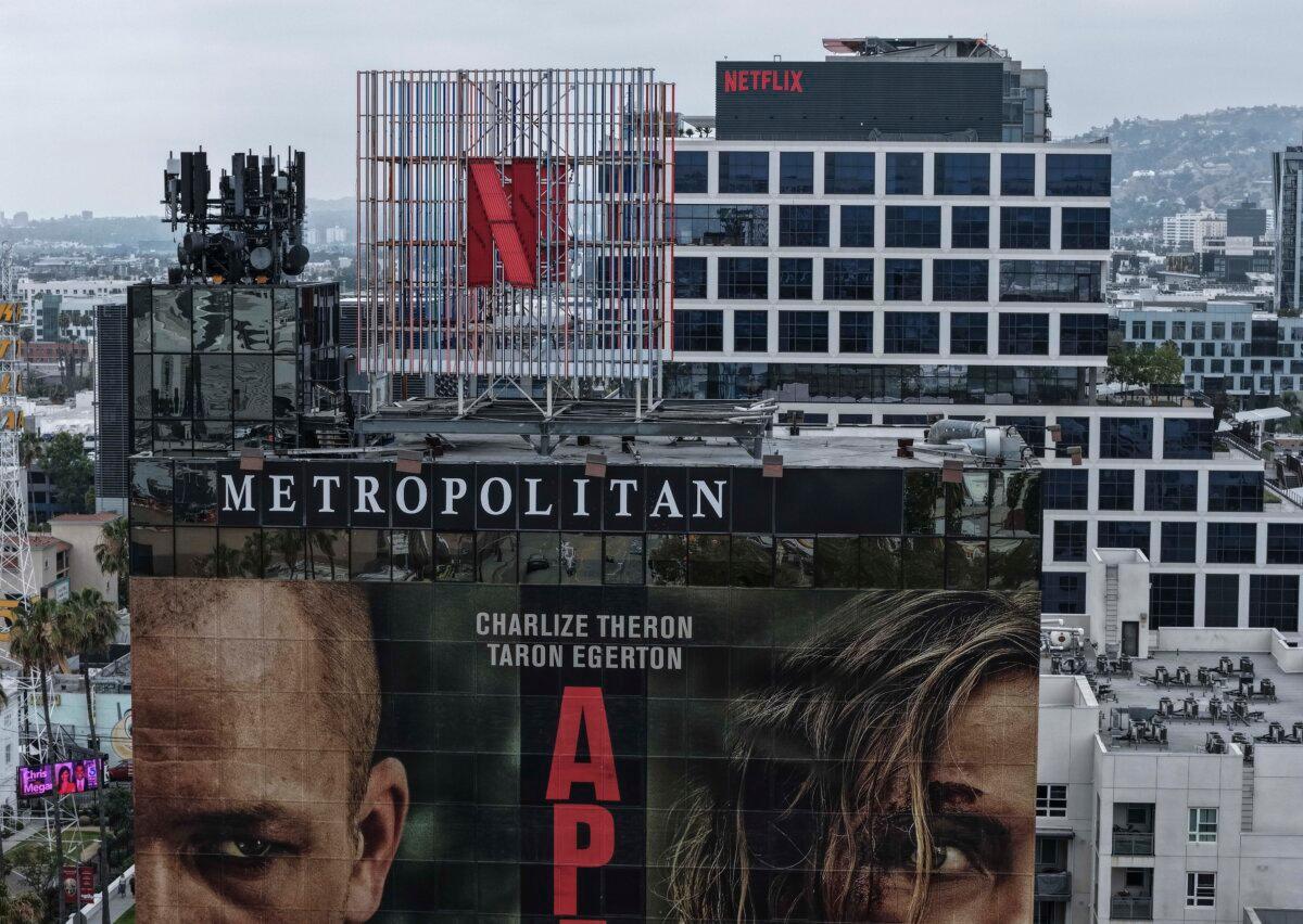The Netflix logo is displayed at a company office in Los Angeles on May 12, 2026. (Justin Sullivan/Getty Images)