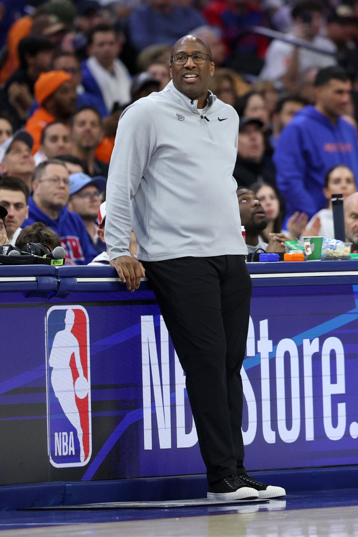 Head coach Mike Brown of the New York Knicks reacts against the Philadelphia 76ers during the second quarter in Game 3 of the Second Round of the NBA Eastern Conference Playoffs at Xfinity Mobile Arena in Philadelphia, on May 8, 2026. (Emilee Chinn/Getty Images)
