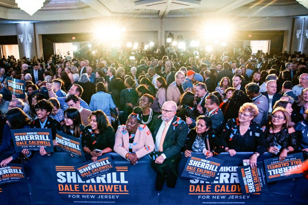 Supporters attend the election night watch party for New Jersey Democratic gubernatorial candidate Rep. Mikie Sherrill (D-N.J.) at the Hilton East Brunswick Hotel in East Brunswick, N.J., on Nov. 4, 2025. Citing Republican policies for rising electricity bills helped Democrats win gubernatorial races in New Jersey and Virginia in November 2025. (Eduardo Munoz Alvarez/Getty Images)