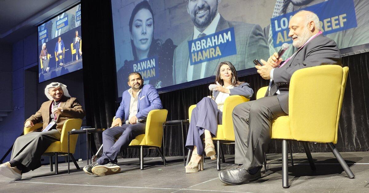 (L-R) UAE-based commentator Loay Alshareef, activist Abraham Hamra, Syrian-born commentator Rawan Osman, and Tafsik education director Ali Siadatan, at the World Symposium Against Antizionism in Toronto on May 17, 2026. (Dave Gordon for The Epoch Times)