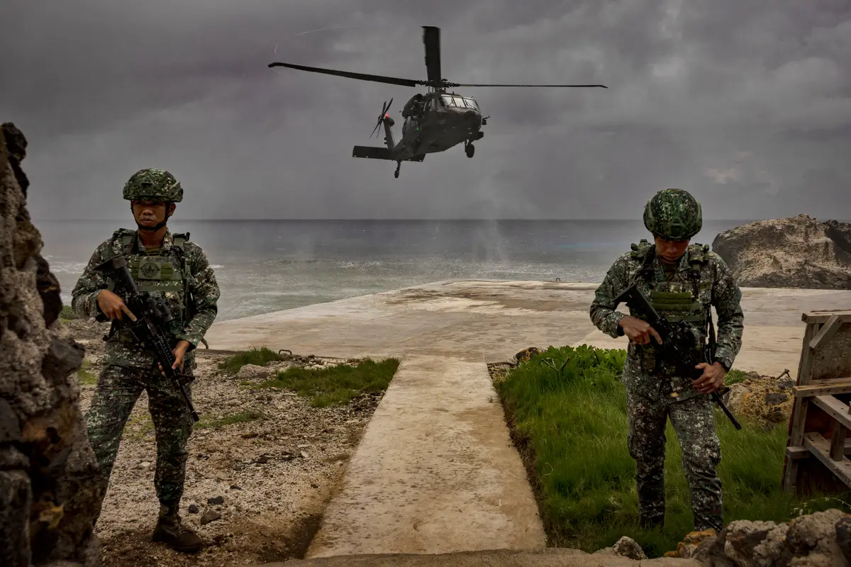 A Philippine Air Force Black Hawk helicopter lands in Mavulis Island, Batanes, Philippines, on June 29, 2023. (Ezra Acayan/Getty Images)