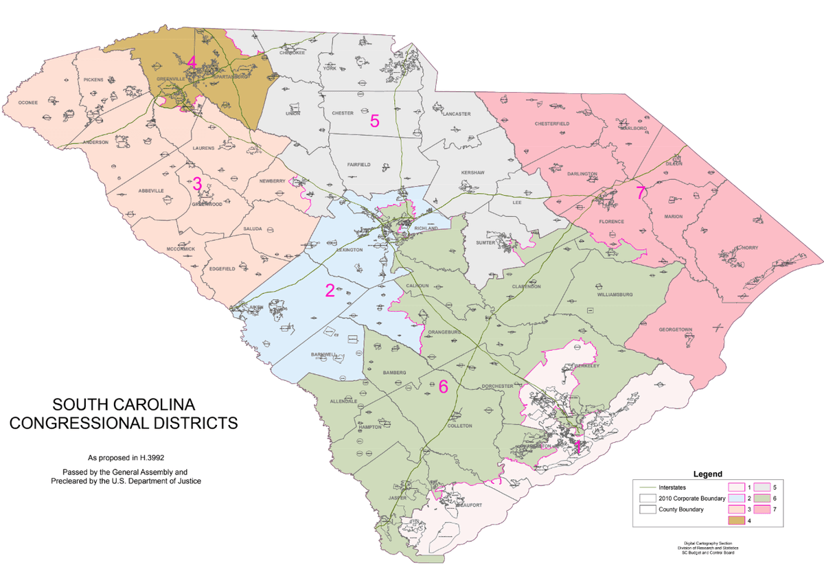 The current U.S. congressional map in effect in South Carolina as of May 20, 2026. (South Carolina Revenue and Fiscal Affairs Office)