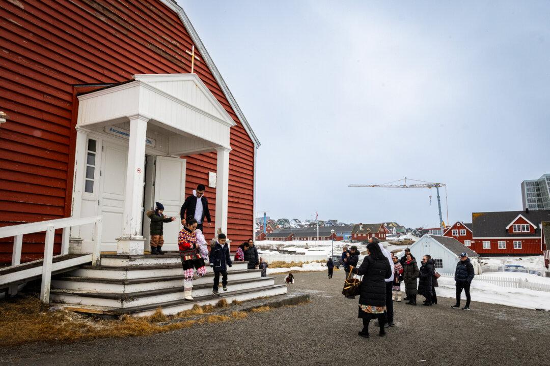 People attend church in the city of Nuuk, Greenland, on May 4, 2025. President Donald Trump has been pushing since 2019 for the United States to incorporate the world’s largest island. (John Fredricks/The Epoch Times)