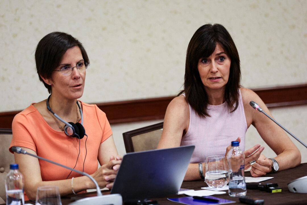 U.N. Special Rapporteur on violence against women Reem Alsalem (L) and U.N. Human Rights Officer Orlagh McCann address a press conference in Ankara, Turkey, on July 27, 2022. Led by Alsalem, three U.N. special rapporteurs said they received allegations of ethnic and gender discrimination tied to Denmark's parenting competency test. (Adem Altan/AFP via Getty Images)