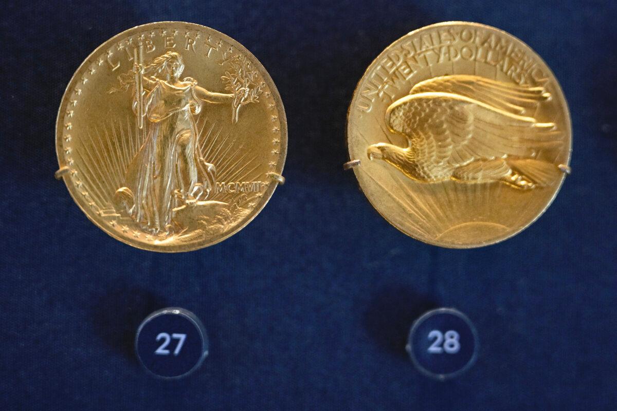 The front and back of a 1907 $20 gold piece, also known as a Saint-Gaudens Double Eagle, on display at the newly redesigned “Money in Motion” exhibit at the Federal Reserve Bank of Philadelphia Thursday, May 7, 2026. (Tom Gralish/The Philadelphia Inquirer/TNS)