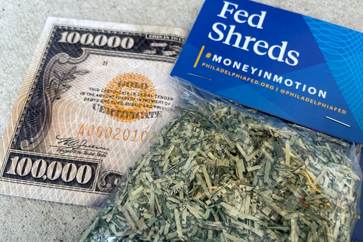 A bag of “Fed Shreds” given free to each visitor at the newly redesigned “Money in Motion” exhibit at the Federal Reserve Bank of Philadelphia Thursday, May 7, 2026. (Tom Gralish/The Philadelphia Inquirer/TNS)