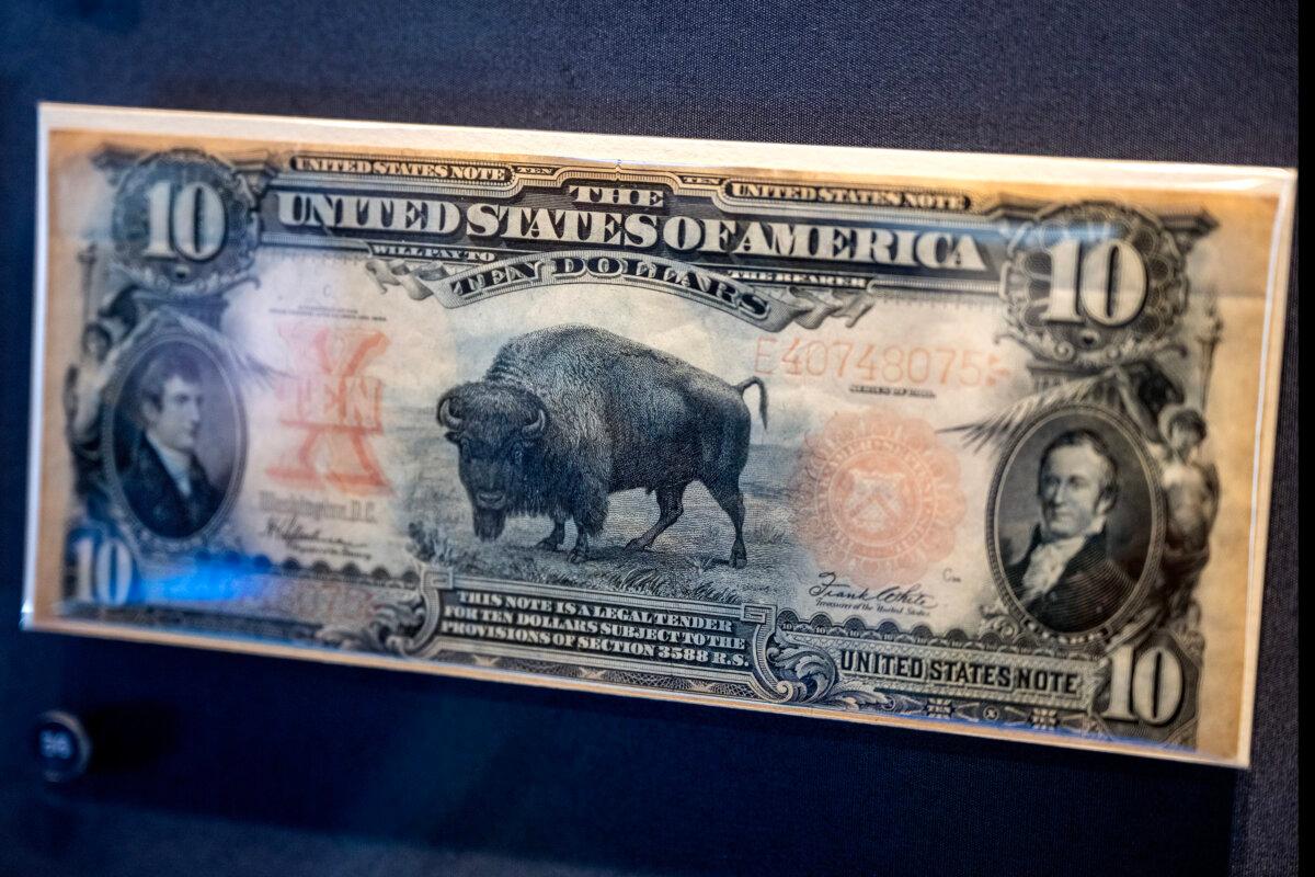 A 1901 $10 Bison Note on display at the Federal Reserve Bank of Philadelphia’s newly redesigned “Money in Motion” exhibit Thursday, May 7, 2026. The bill was issued during the 100-year anniversary of the Lewis and Clark expedition. The exhibit features nearly 400 historic artifacts and interactive installations that explore currency and the Federal Reserve’s mission. (Tom Gralish/The Philadelphia Inquirer/TNS)