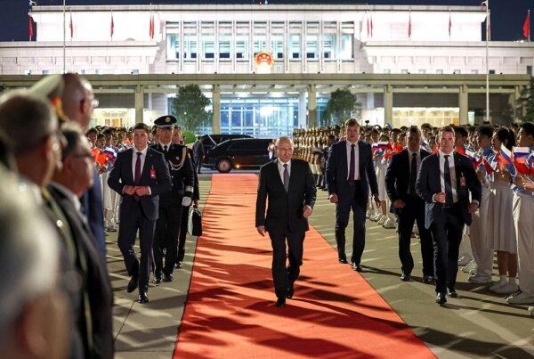 Russian President Vladimir Putin at Beijing Capital Airport as he leaves China after a two-day visit on May 20, 2026. (Alexander Kazakov/Pool/AFP via Getty Images)