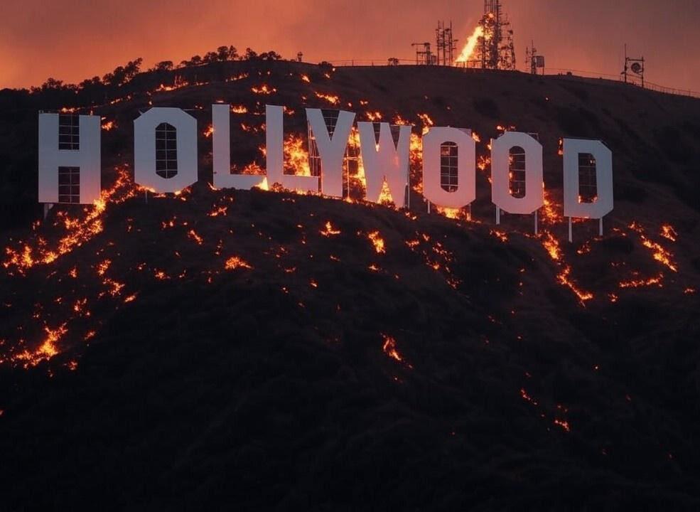(Left) An AI-generated deepfake image falsely depicting the Hollywood sign during the 2025 California wildfires. (Right) A widely shared AI-generated image falsely claiming to show a damaged Israeli jet, first posted on Threads in June 2025. Researchers have linked the growing volume of machine-assisted content to increased “cognitive offloading.” (Public Domain, @smc_investor/Public Domain, CC0)