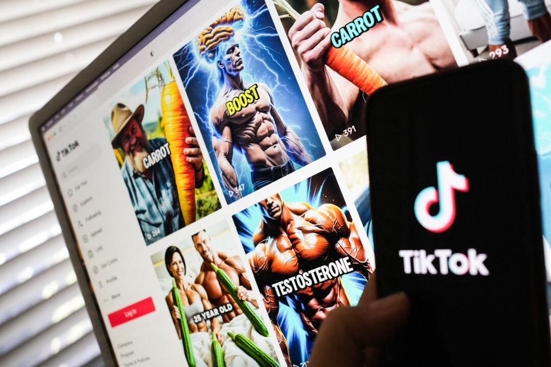 (Left) This illustration photo shows the TikTok logo on a smartphone in front of a screen displaying images from a TikTok account promoting daily supplements in Los Angeles on May 2, 2025. (Right) This photo illustration shows internet and social media images of AI-generated bikini-clad women conducting street interviews taken in Washington on July 14, 2025. (Chris Delmas, STAFF/AFP via Getty Images)