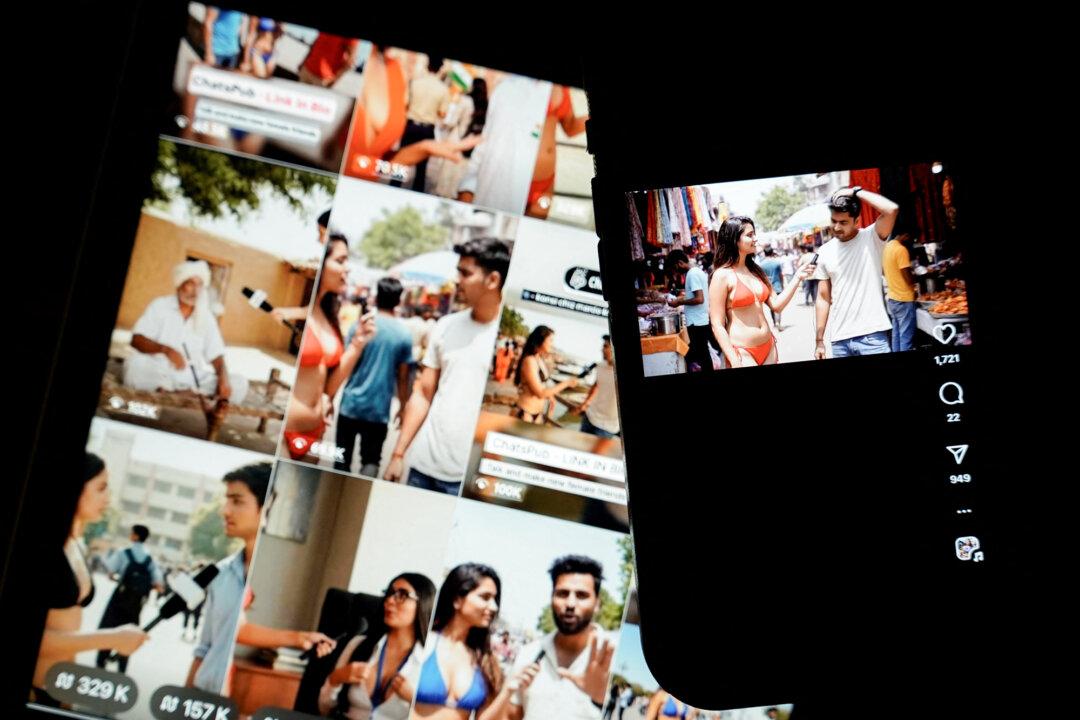 (Left) This illustration photo shows the TikTok logo on a smartphone in front of a screen displaying images from a TikTok account promoting daily supplements in Los Angeles on May 2, 2025. (Right) This photo illustration shows internet and social media images of AI-generated bikini-clad women conducting street interviews taken in Washington on July 14, 2025. (Chris Delmas, STAFF/AFP via Getty Images)