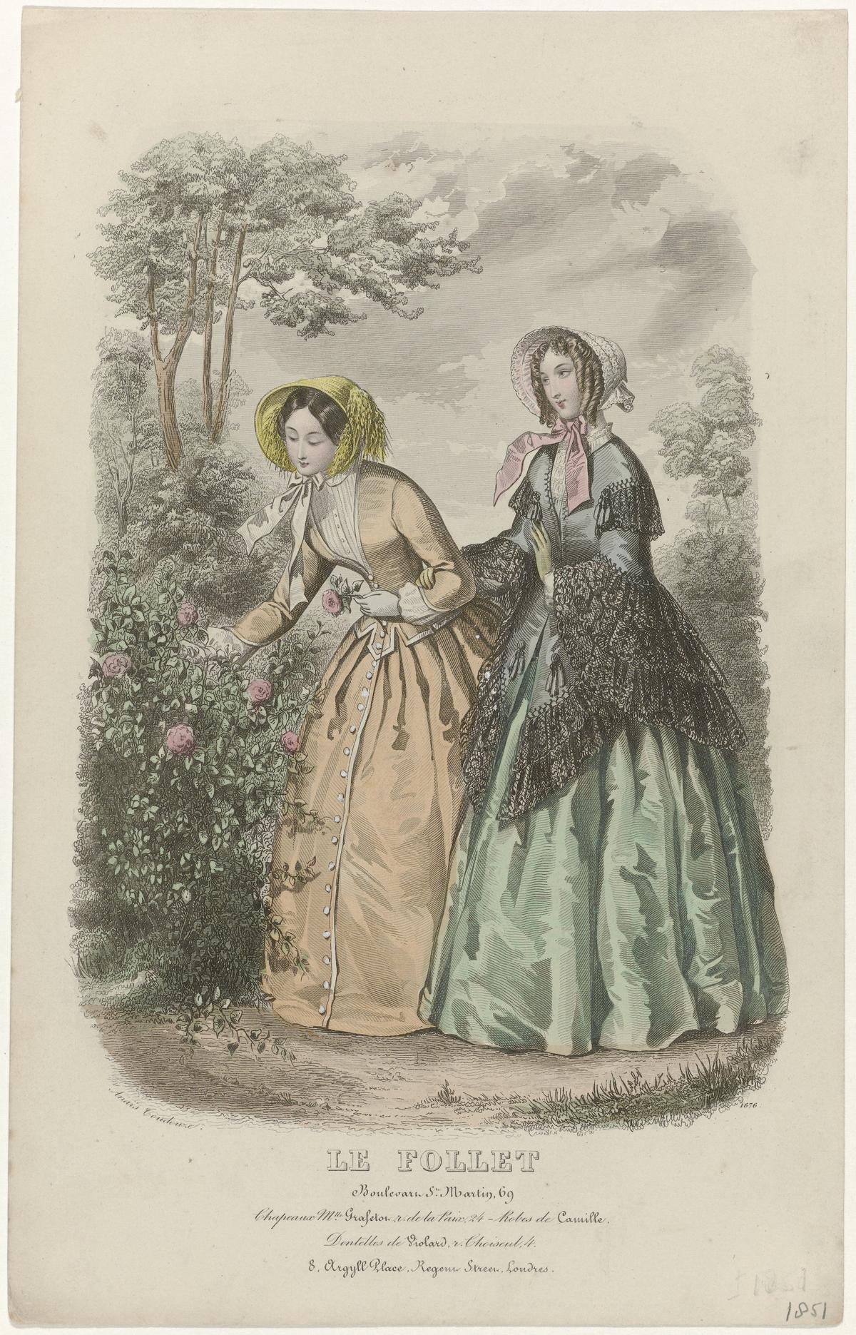 A print from the fashion magazine Le Follet Courrier des Salons, 1851, illustrating the era's trends in headgear, lace, gloves, and dresses. (Public Domain)