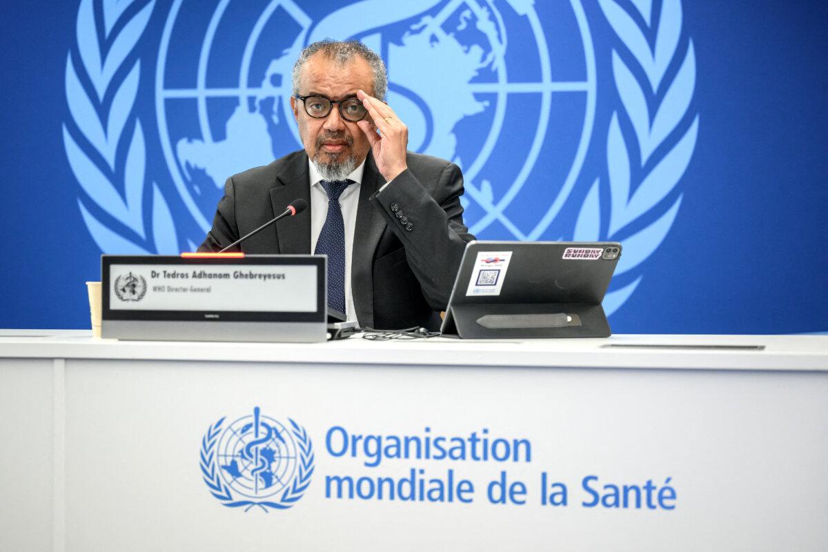 World Health Organization Director-General Tedros Adhanom Ghebreyesus speaks at the U.N. health agency's headquarters in Geneva on May 20, 2026. (Fabrice Coffrini/AFP)