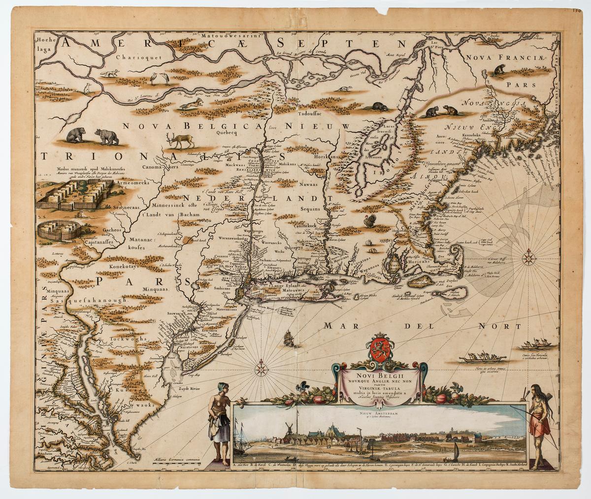 "Novi Belgii Novaeque Angliae nec non Partis Virginiae tabula," 1655, by Nicolaes Visscher. Black ink with color wash on paper; 19 3/4 inches by 23 inches. New York Historical. The inset view at the bottom shows New Amsterdam as a fledgling city. (Courtesy of New York Historical)