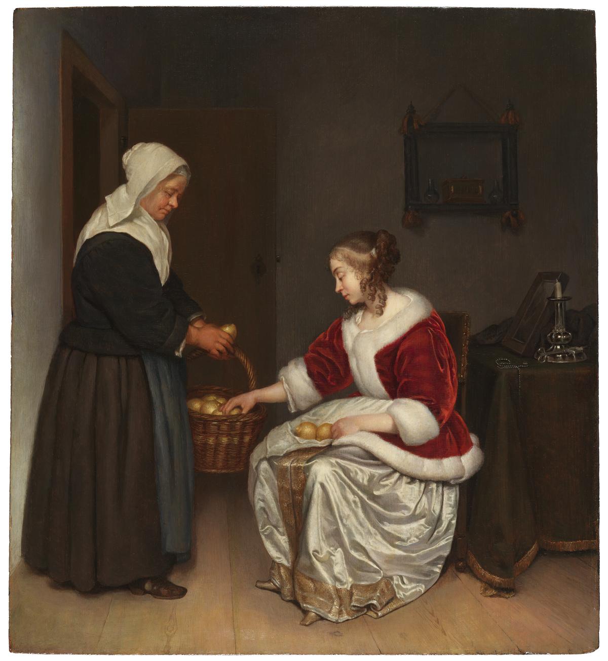 "Two Women in an Interior With a Basket of Lemons," circa 1664–1665, by Caspar Netscher. Oil on panel; 14 3/4 inches by 13 1/2 inches. Depictions of ordinary life illustrate how overseas trade made luxury products accessible, which was the same in New Amsterdam: Rising fortunes led to imported goods and refined tastes. (Courtesy of The Leiden Collection, New York)
