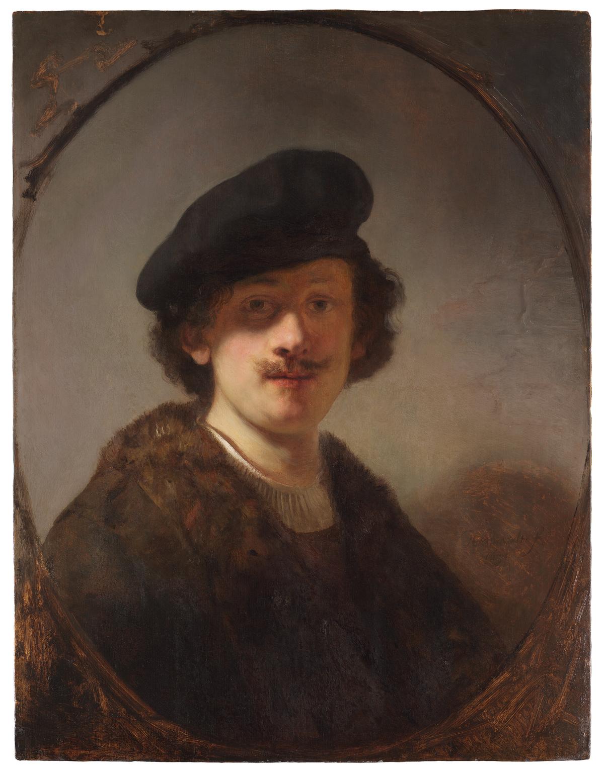 "Self-Portrait With Shaded Eyes," 1634, by Rembrandt van Rijn. Oil on panel; 28 inches by 22 inches. (Courtesy of the Leiden Collection, New York)