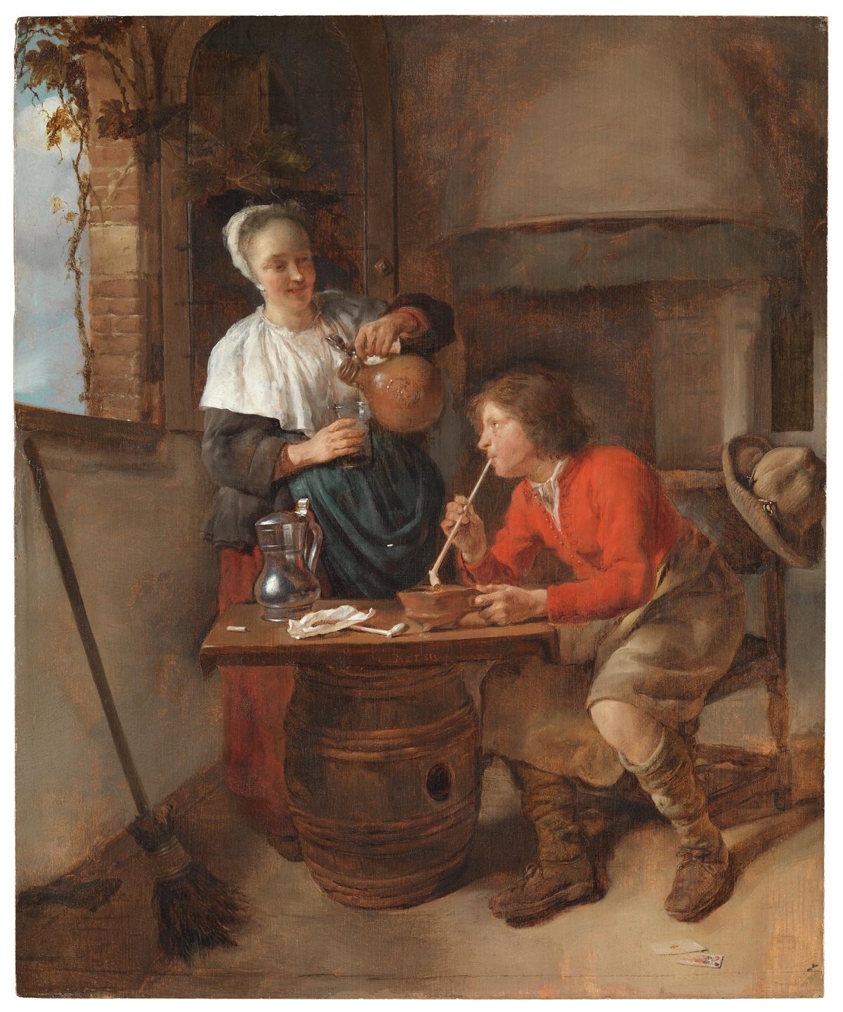 "Young Man Smoking and a Woman Pouring Beer," circa 1656–1658, by Gabriel Metsu. Oil on panel; 14 3/4 inches by 12 5/16 inches. (Courtesy of The Leiden Collection, New York)