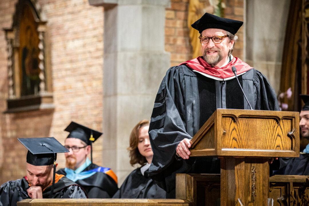 (Top) High school seniors from the Chesterton Schools Network pose with chaplains during a pilgrimage to Italy in March 2025. (Bottom Left) Dale Ahlquist, co-founder of the original Chesterton Academy and president of the Society of G.K. Chesterton, speaks at a graduation ceremony for students of Chesterton Academy of the Twin Cities. (Bottom Right) Chesterton Academy students pose in shirts displaying the school’s pro-life mission, Cultura Vitae, during the Illinois March for Life in March 2025. (Courtesy of the Chesterton Schools Network, Courtesy of Chesterton Academy of St. Louis)