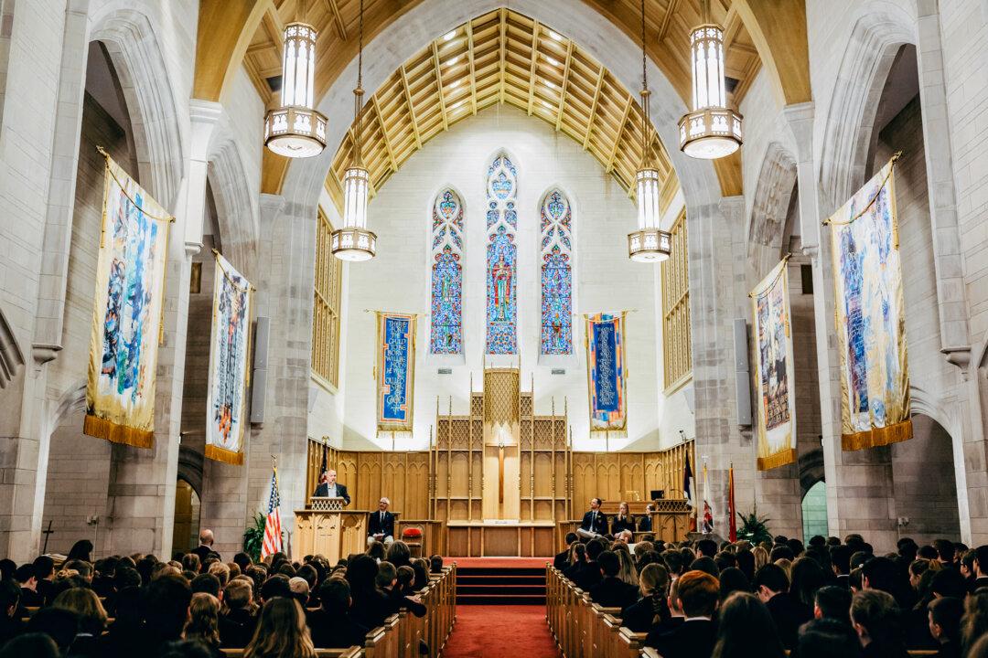 Students meet for chapel weekly in Williams Memorial Chapel, built by students in the 1940s in the neo-Gothic tradition, in Point Lookout, Mo. (Courtesy of School of the Ozarks)