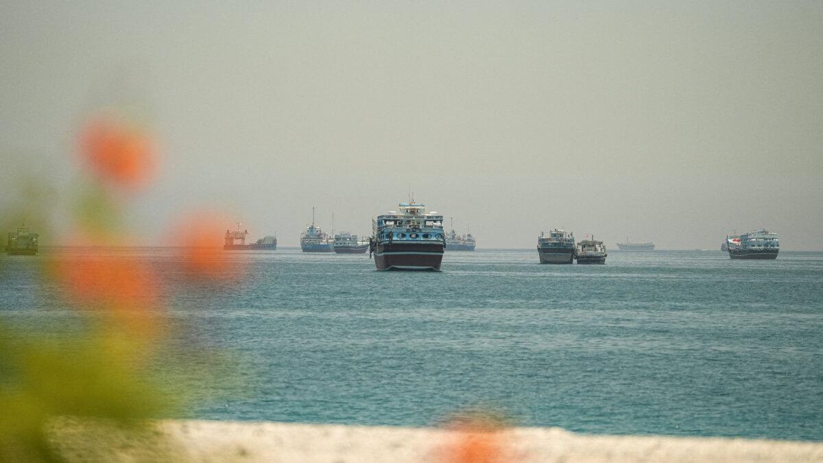 Vessels anchored at the Strait of Hormuz, as seen from Musandam, Oman, on May 25, 2026. (Stringer/Reuters)