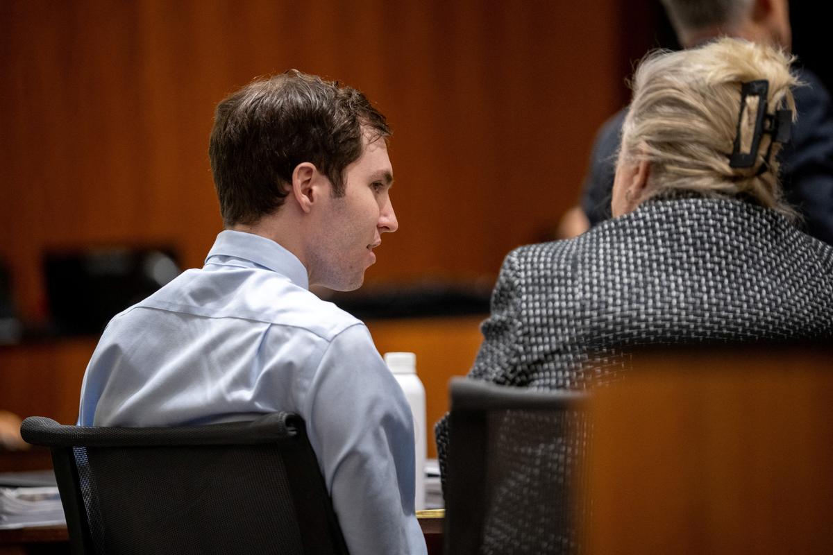 Tyler Robinson speaks with his attorney Kathryn Nester during a hearing for Robinson, accused in the fatal shooting of conservative commentator Charlie Kirk, in Fourth District Court in Provo, Utah, on April 17, 2026. (Trent Nelson/Pool via Reuters)