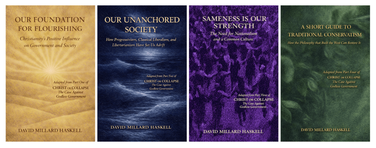 The four volumes of Wilfrid Laurier University professor David Haskell's new book "Christ or Collapse: The Case Against Godless Government." (Courtesy of College Press)