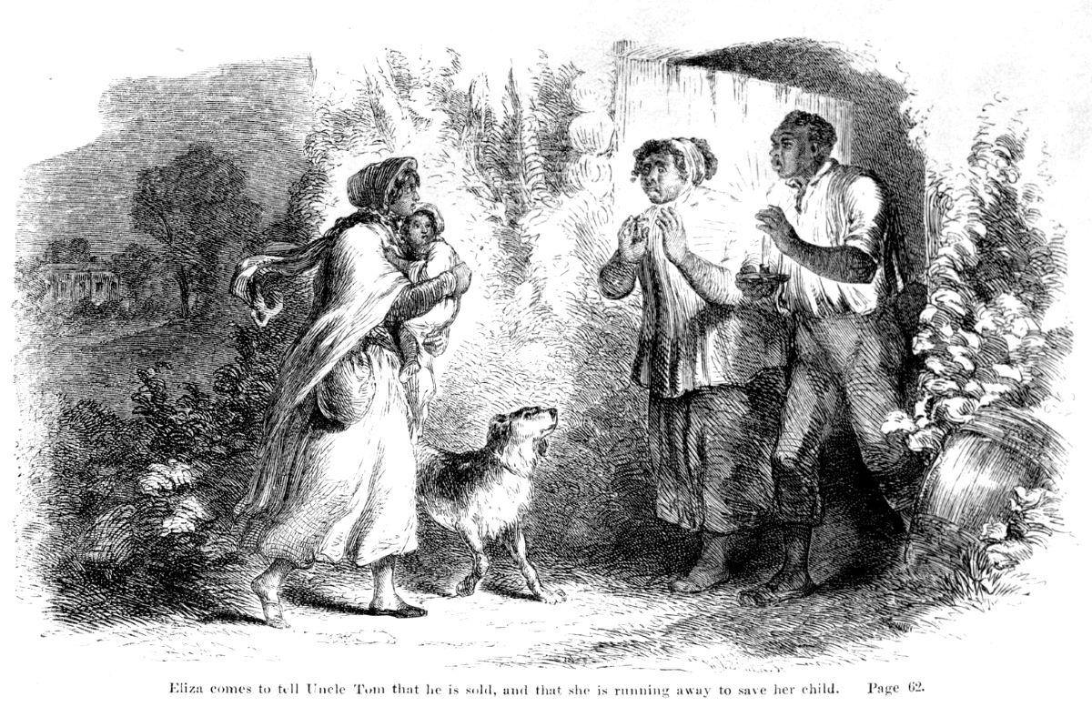 A full-page illustration by Hammatt Billings for the first edition of "Uncle Tom's Cabin," 1852. The caption reads: Eliza tells Uncle Tom that he has been sold and she is running away to save her child. (Public Domain)