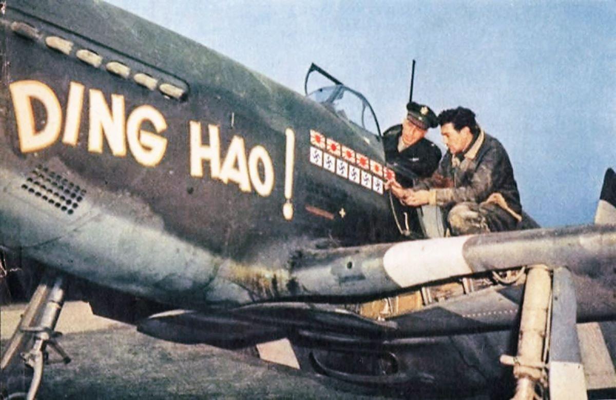North American P-51B-5 Mustang (serial 43–6315) Ding Hao!, with James H. Howard, 1944 RAF Boxted, England. (Public Domain)