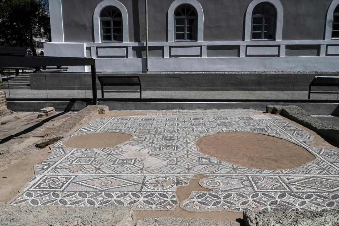 An exceptionally colorful mosaics who covered the floors of a villa in the late 4th - early 5th century AD is displayed outside the Thessalonikeon Metropolis museum wich houses artifacts uncovered during the construction of the city's metro system and spanning more than two millennia of urban history in Thessaloniki on May 27, 2026. The collection covers finds dating from the city's founding in 316 B.C. through to the great fire that devastated Thessaloniki in 1917. (Photo by Sakis Mitrolidis / AFP via Getty Images)