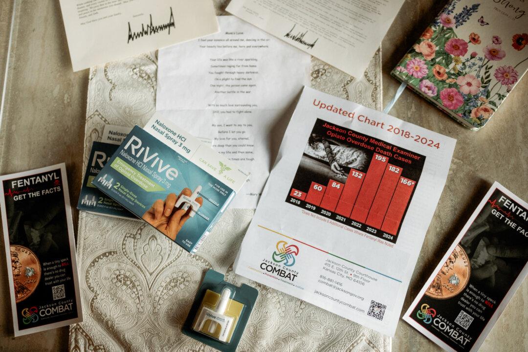 Naloxone is displayed at Storm Dillenschneiders’ home in Lee’s Summit, Mo., on May 23, 2026. Multiple doses of naloxone may be needed to reverse a carfentanil overdose because of the drug’s potency. (Liz Davenport for The Epoch Times)