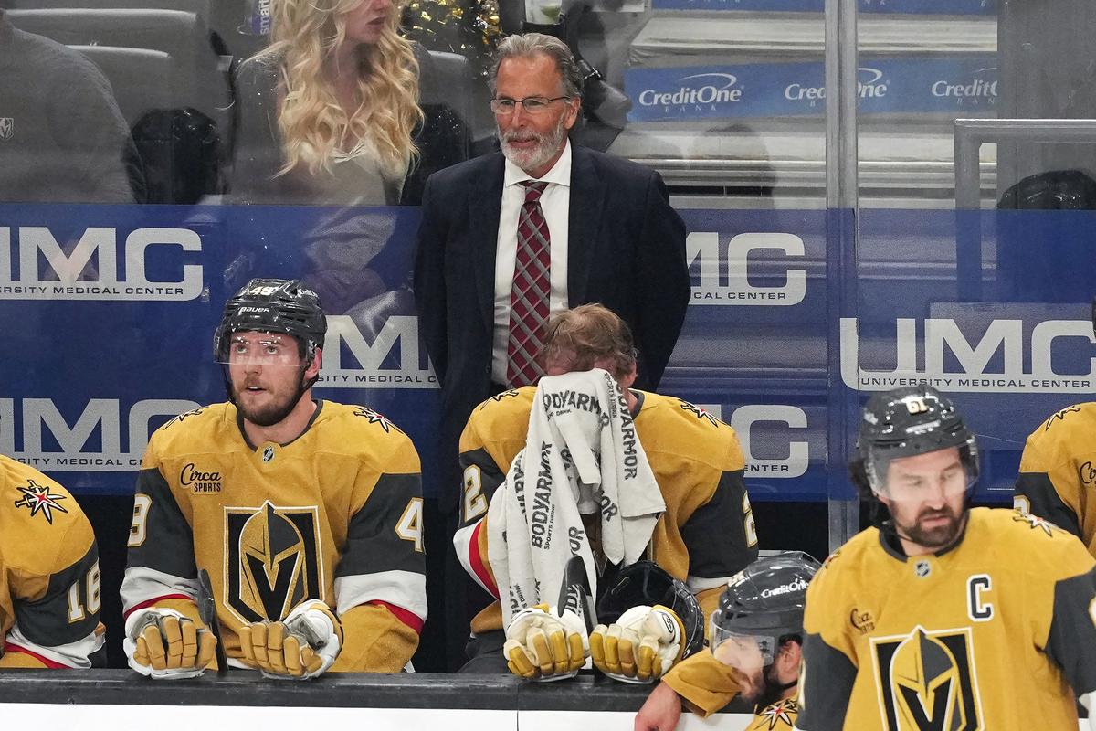 Head coach John Tortorellaof the Vegas Golden Knights handles bench duties in first period of Game Four of the Western Conference Final of the 2026 Stanley Cup Playoffs against the Colorado Avalanche at T-Mobile Arena in Las Vegas, Nevada on May 26, 2026. (Candice Ward/Getty Images)
