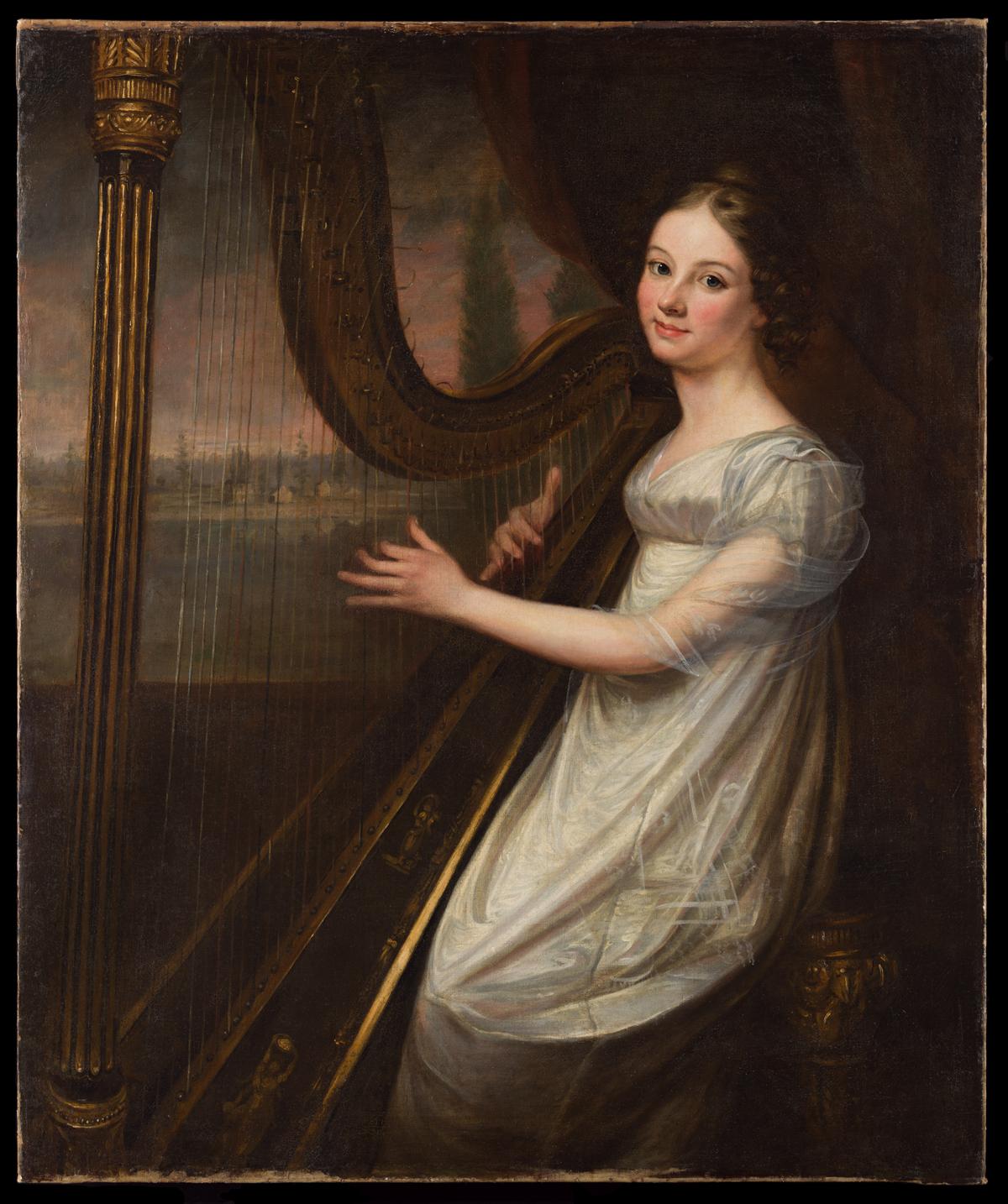 A portrait of Ann Taylor Roberts, 1820, by William Dunlap. Oil on canvas. Ann is portrayed displaying her musical abilities on an imported French harp with her family home in Norfolk, Virginia, visible through the window. (The Colonial Williamsburg Foundation)