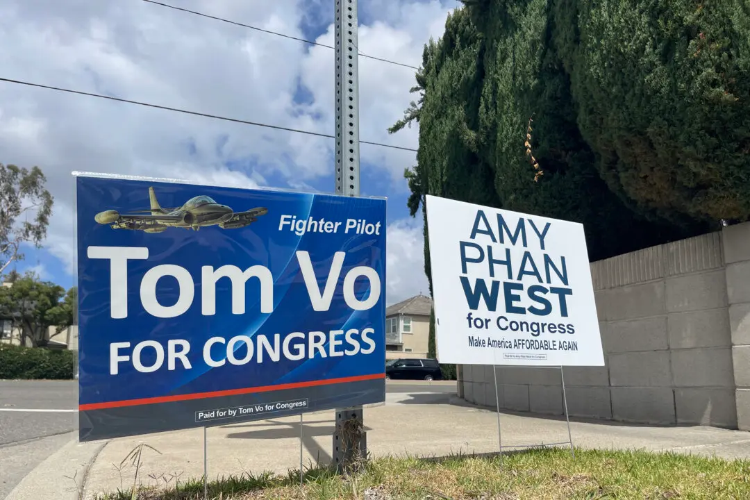 45th Congressional District primary campaign signs near Little Saigon in Westminster, Calif., on May 27, 2026. The district is one of the state’s few remaining swing seats after voters approved Prop 50 in November 2025, leading to partisan redistricting. (Beige Luciano-Adams/The Epoch Times)