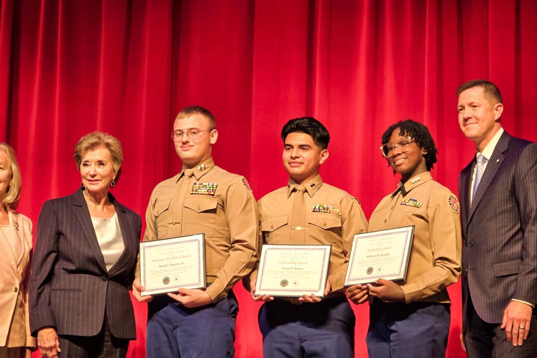 Education Secretary Linda McMahon (2nd L) poses with Louisiana Superintendent of Education Cade Brumley (R) and students during an award ceremony at the New Orleans Military and Maritime Academy in New Orleans on Jan. 21, 2026. (Courtesy of Louisiana Association of Public Charter Schools)