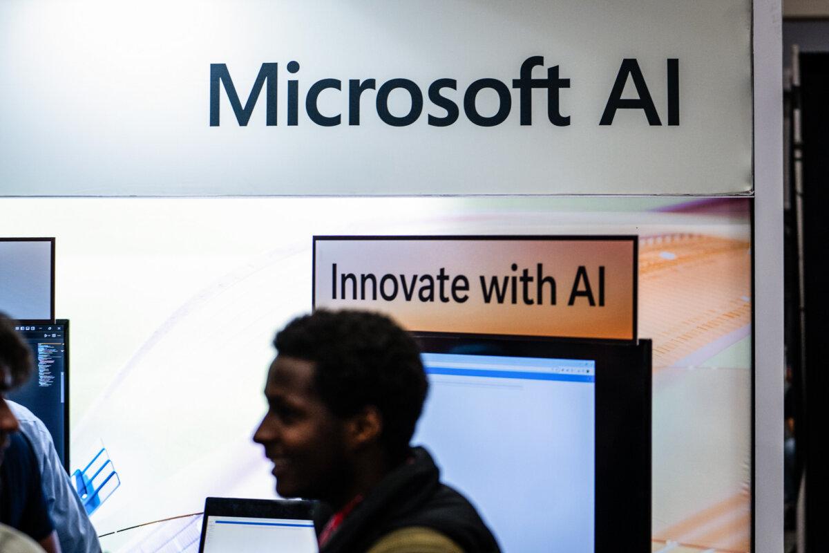 A Microsoft AI booth is shown during the AI+Expo Special Competitive Studies Project in Washington on June 2, 2025. (Madalina Kilroy/The Epoch Times)