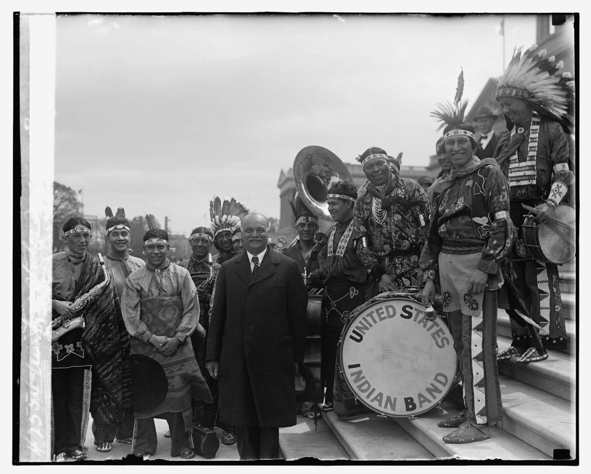 Curtis at the 1929 inauguration with the "United States Indian Band." Library of Congress. (Public Domain)