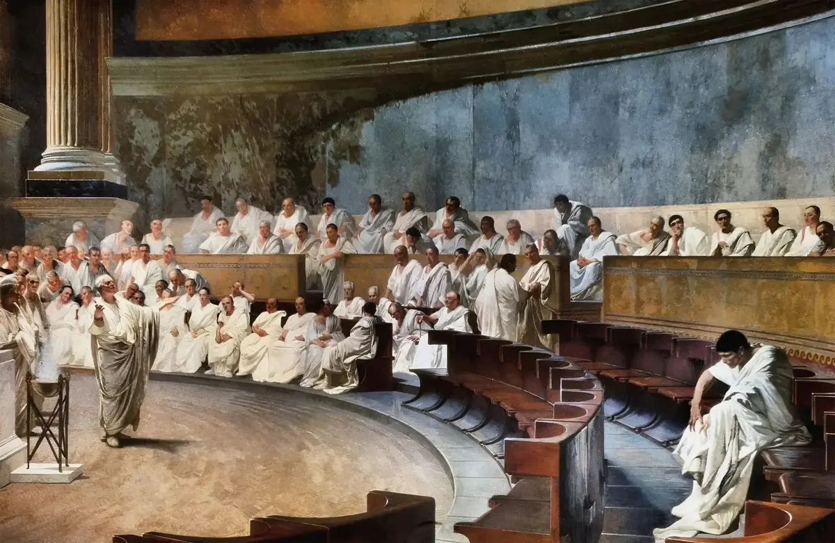 "Cicero Denounces Catiline" by Cesare Maccari, 1889. The fresco depicts Roman senator Cicero denouncing Catiline's conspiracy to overthrow the Republic in the Roman Senate. (Public domain)