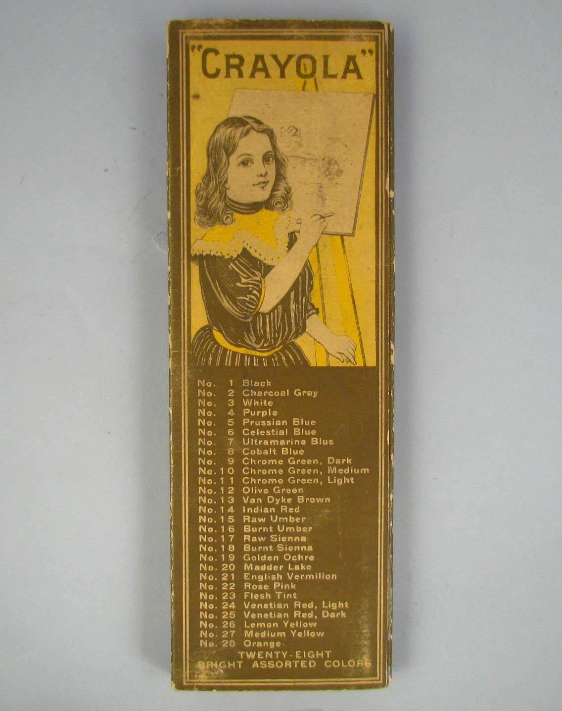 The rear of the box depicts a girl coloring a piece of art on an easel and lists the crayon colors contained in the box. (National Museum of American History, Smithsonian Institution)