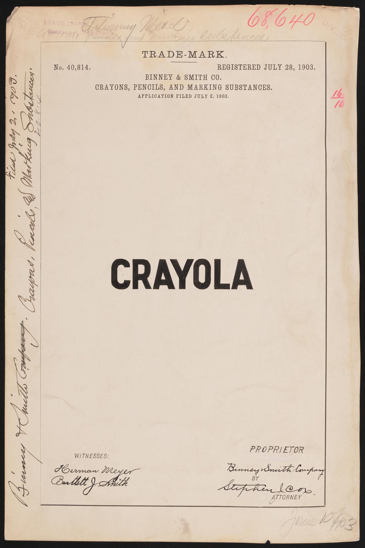 Trademark registration by Binney & Smith Co. for Crayola brand crayons, pencils, and marking substances, 1903. Library of Congress. (Public Domain)