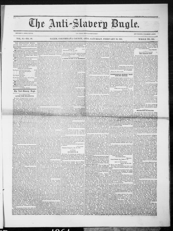 A page from Ohio's The Anti-Slavery Bugle, dated Feb. 23, 1861. (Library of Congress)